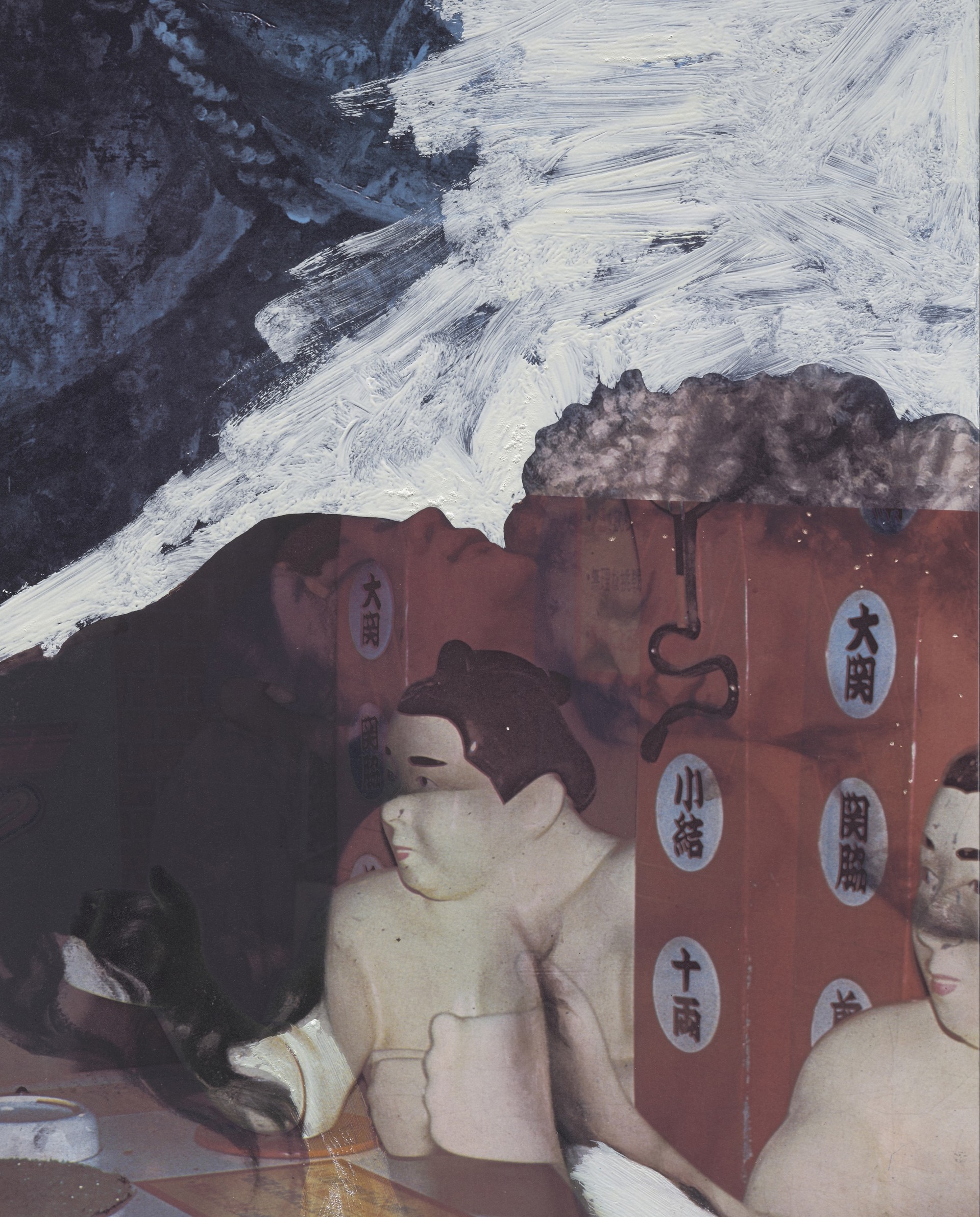 Collage detail of images of sumo wrestlers and japanese text